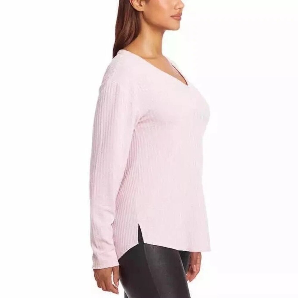 Chaser Waffle Knit Thermal Top Size Large V Neck Long Sleeve Pink Relaxed Staple - Picture 9 of 10